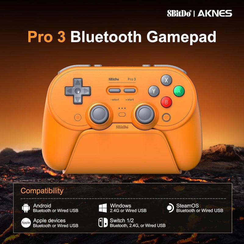 AKNES 8BitDo Pro 3 Bluetooth Controller for Switch/Switch 2,TMR Joysticks,Programmable Pro Back Buttons&R4/L4 Bumpers,Hall/Tactile Triggers,Swappable ABXY Buttons,for Windows,Apple,SteamOS,Android - Orange - Image 3